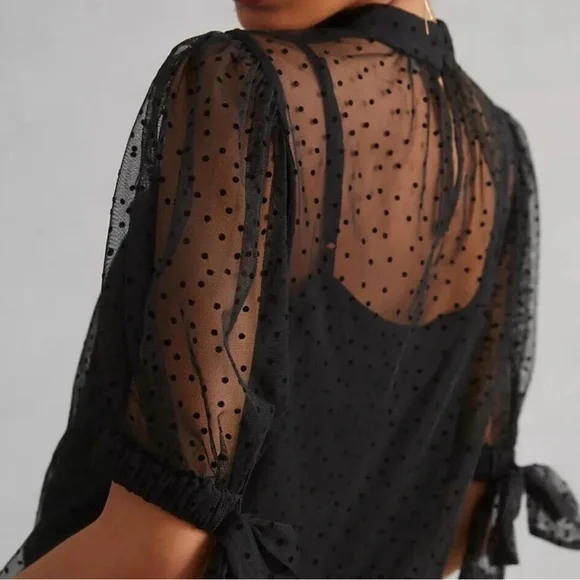 Anthropologie Black Sheer Polka Dot Blouse - Picture 2 of 7